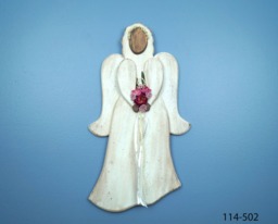 Country Wooden Angel, Distressed Wood Deep Pink Rose & Antique White Ribbon Wall Hanging Rustic Angel - thumbnail 1