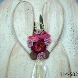 Country Wooden Angel, Distressed Wood Deep Pink Rose & Antique White Ribbon Wall Hanging Rustic Angel - thumbnail 3