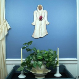 Country Wooden Angel, Distressed Wood Deep Pink Rose & Antique White Ribbon Wall Hanging Rustic Angel - thumbnail 2