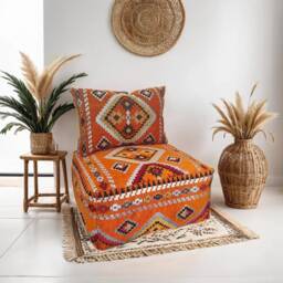 Moroccan Kilim Floor Pouf With Backrest Boho Sofa [Unstuffed] - thumbnail 2