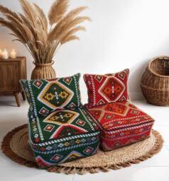 Moroccan Kilim Floor Pouf With Backrest Boho Sofa [Unstuffed] - thumbnail 1