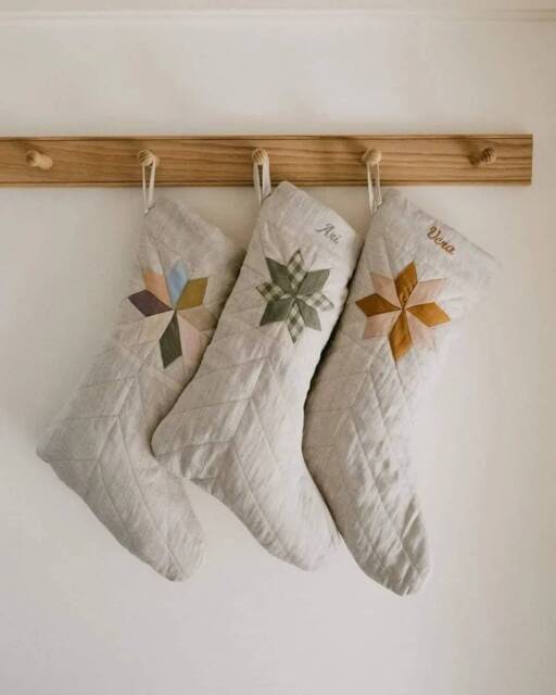 Quilted Christmas Stocking With Rustic Traditional Patchwork Star & Custom Name Embroidery Personalization - image 1