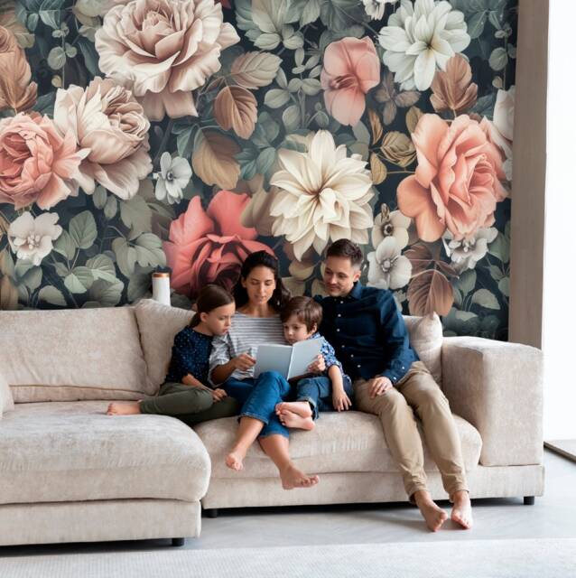 Flower Wall Mural Peonies Flowers Pattern Gray Pink Wallpaper Bedroom Free Ship Customizable Photo Design - image 1