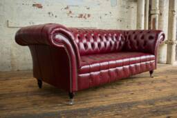 3 Seater Vintage Burgundy Red Leather Chesterfield Sofa, British Handmade
