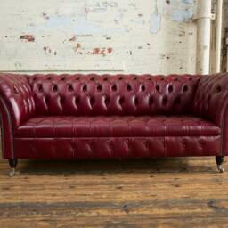 3 Seater Vintage Burgundy Red Leather Chesterfield Sofa, British Handmade - thumbnail 3