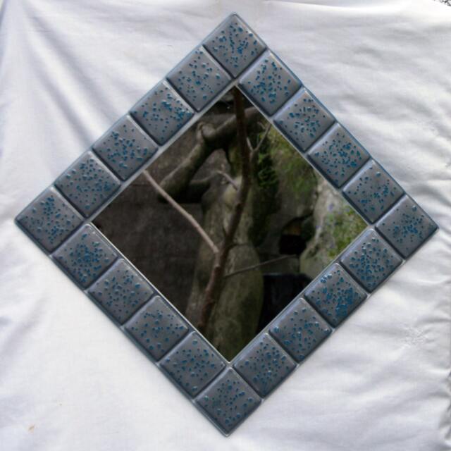 Reactions - A Metallic Pewter Grey Mirror With Steel Blue Accents Fused Onto A Clear Base
