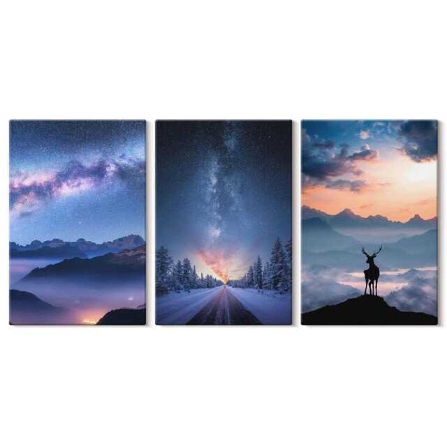 Set Of 3 Canvas Prints - Night Sky, Mountains, Landscapes in The Fog & Deer, Blue Large Wall Art, Space Astrology Hanging Piece - image 1