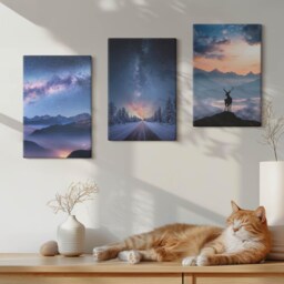 Set Of 3 Canvas Prints - Night Sky, Mountains, Landscapes in The Fog & Deer, Blue Large Wall Art, Space Astrology Hanging Piece - thumbnail 2