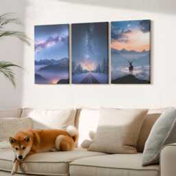 Set Of 3 Canvas Prints - Night Sky, Mountains, Landscapes in The Fog & Deer, Blue Large Wall Art, Space Astrology Hanging Piece - thumbnail 3
