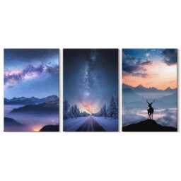 Set Of 3 Canvas Prints - Night Sky, Mountains, Landscapes in The Fog & Deer, Blue Large Wall Art, Space Astrology Hanging Piece - thumbnail 1