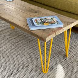 Handmade Reclaimed Wood Coffee Table - Rustic Industrial Scaffold Board With Colourful Hairpin Legs - thumbnail 2