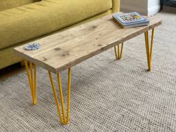 Handmade Reclaimed Wood Coffee Table - Rustic Industrial Scaffold Board With Colourful Hairpin Legs