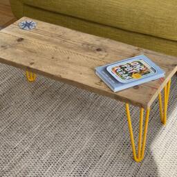 Handmade Reclaimed Wood Coffee Table - Rustic Industrial Scaffold Board With Colourful Hairpin Legs - thumbnail 3