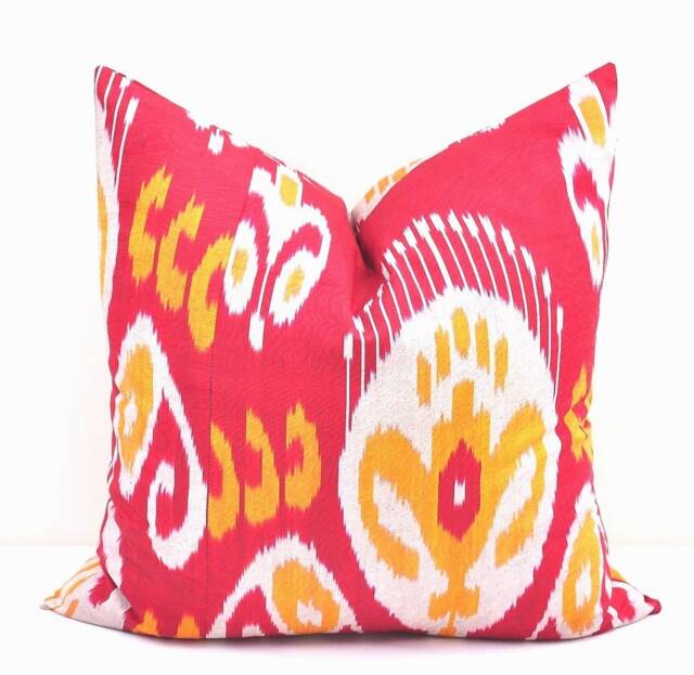 Red Ikat Pillow Cover, Handmade Silk Cotton Cushion - 20x20 - image 1