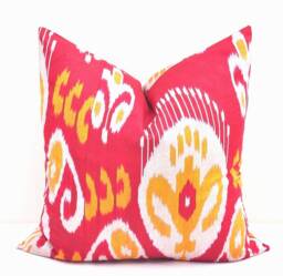 Red Ikat Pillow Cover, Handmade Silk Cotton Cushion - 20x20 - thumbnail 1