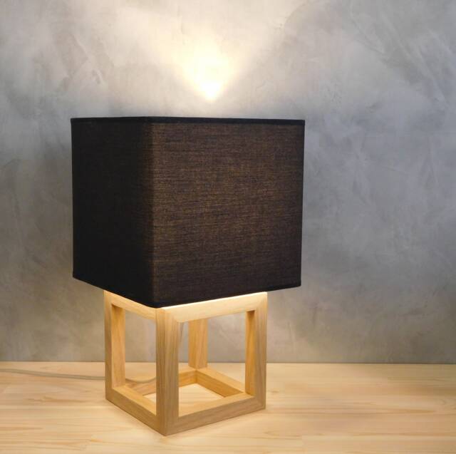Oak Wood Table Lamp With Black Lampshade Handmade Modern Nightstand Lighting - image 1