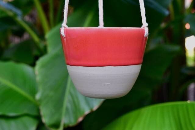 Handmade Ceramic Hanging Planter - Neon Orange Glaze, Succulent Pot - image 1