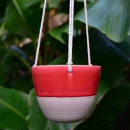 Handmade Ceramic Hanging Planter - Neon Orange Glaze, Succulent Pot - thumbnail 4