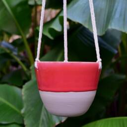 Handmade Ceramic Hanging Planter - Neon Orange Glaze, Succulent Pot - thumbnail 3