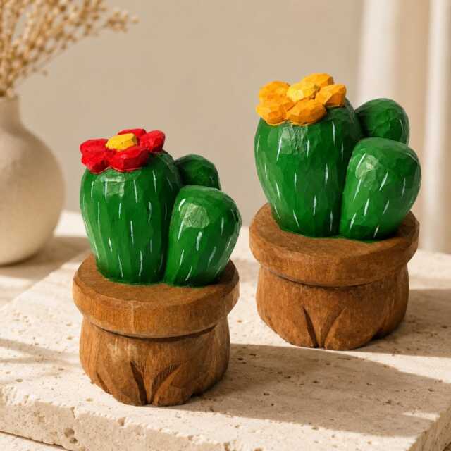Hand Carved Wooden Cactus in Pot - Painted Succulent Figurine With Flower Desert Plant Desk Decor Unique Lover Gift - image 1
