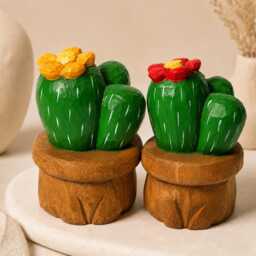 Hand Carved Wooden Cactus in Pot - Painted Succulent Figurine With Flower Desert Plant Desk Decor Unique Lover Gift - thumbnail 4