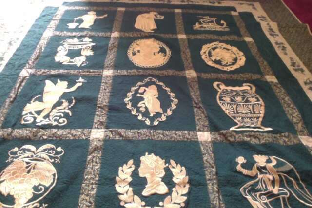 Elegant Handmade Full Size Gold & Green Quilt Grecian Embroidered Quilt/ Wedding Gift Quilt/Gold & Bedding 76 in X 94 - image 1