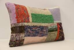 Vintage Turkish Kilim Lumbar Pillow Cover, Patchwork Wool Cushion - 12x20 In - thumbnail 1