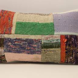 Vintage Turkish Kilim Lumbar Pillow Cover, Patchwork Wool Cushion - 12x20 In - thumbnail 2