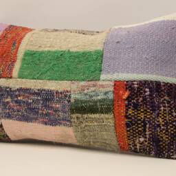 Vintage Turkish Kilim Lumbar Pillow Cover, Patchwork Wool Cushion - 12x20 In - thumbnail 3