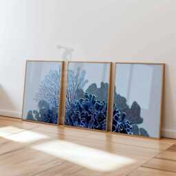 Set Of 3 Coral Reef Wall Art Prints, Blue Ocean Posters, Coastal Nautical Sea Life Home Decor - thumbnail 3