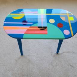 Handmade Oval Resin Coffee Table, Abstract Geometric Art, Blue Wooden Side Table - thumbnail 3