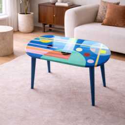 Handmade Oval Resin Coffee Table, Abstract Geometric Art, Blue Wooden Side Table - thumbnail 4