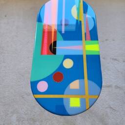 Handmade Oval Resin Coffee Table, Abstract Geometric Art, Blue Wooden Side Table - thumbnail 2