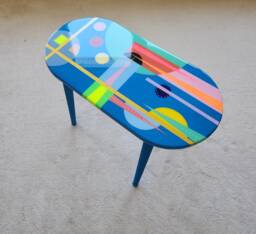 Handmade Oval Resin Coffee Table, Abstract Geometric Art, Blue Wooden Side Table - thumbnail 1