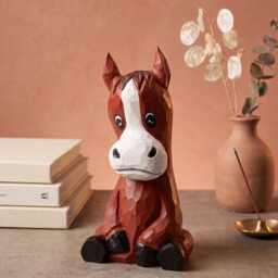 Cute Sitting Wooden Horse Figurine Hand Carved Pony Statue Rustic Nursery Decor Whimsical Animal Art Unique Gift For Lover - thumbnail 3