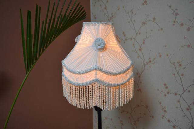 Handcrafted Chiffon Silk Lampshade White Scallop Dome With Fringe - image 1