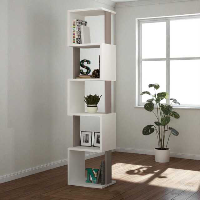 5-Tier Wall Mounted Cube Bookcase - Modern Open Display Shelf Floating Storage Unit - White, Light Mocha - 30x35x161cm - image 1