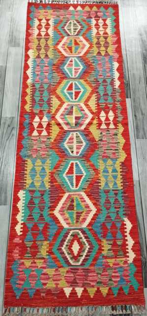 Multicolour Runner Rug, Handmade Artisan Afghan Turkish Scandinavian Navajo Bohemian Flatweave Wool Kilim Rug 196x64 cm - image 1