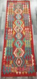 Multicolour Runner Rug, Handmade Artisan Afghan Turkish Scandinavian Navajo Bohemian Flatweave Wool Kilim Rug 196x64 cm - thumbnail 1