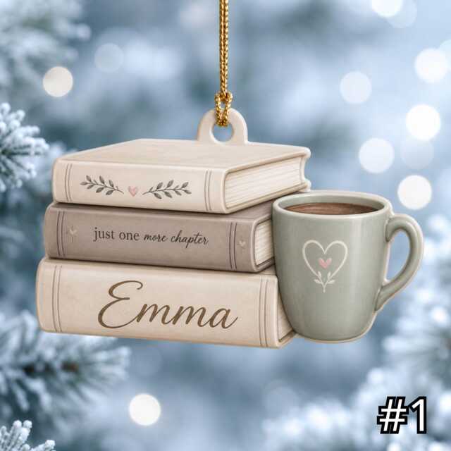 Personalized Book Stack Mug Ornament, Acrylic Christmas Reader Gift, Lover Coffee Custom Name Decor - image 1