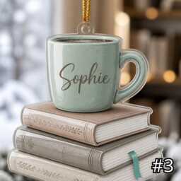 Personalized Book Stack Mug Ornament, Acrylic Christmas Reader Gift, Lover Coffee Custom Name Decor - thumbnail 3