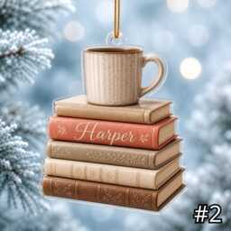 Personalized Book Stack Mug Ornament, Acrylic Christmas Reader Gift, Lover Coffee Custom Name Decor - thumbnail 2