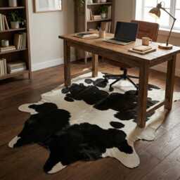 Authentic Black & White Cowhide Rug - Medium Natural Leather Skin For Elegant Interiors - 46x46 Inches - thumbnail 3