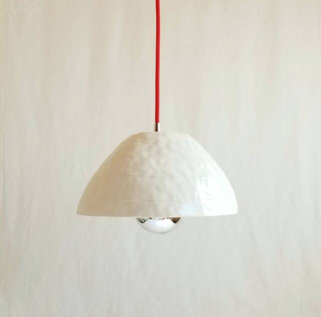 Mushroom Pendant Light. White With Red Plug-In Cord - image 1