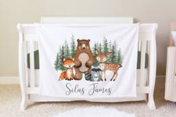 Woodland Blanket, Personalized Baby Blanket Gift, Toddler Forest Decor, Birthday Theme, Fox Bear Deer, Bb04