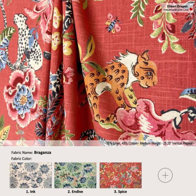 Braganza 5 Colors Jacobean Floral Tiger Leopard Red Blue Linen Blend Curtain, Valance Pleated, Lined Drapery Panel Offered As Upgrades - image 1