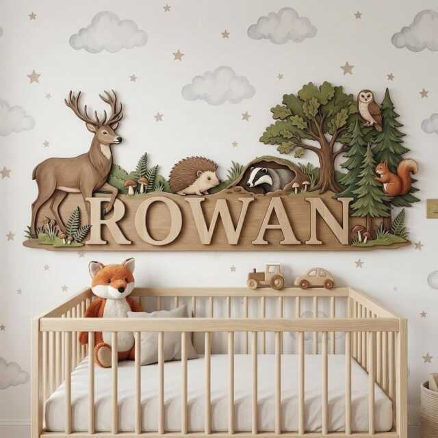 Personalized Woodland Animal Name Sign, Custom Forest Nursery Decor, Deer Fox Owl Wooden Plaque, Baby Boy Room Wall Art - image 1