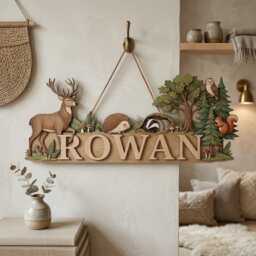 Personalized Woodland Animal Name Sign, Custom Forest Nursery Decor, Deer Fox Owl Wooden Plaque, Baby Boy Room Wall Art - thumbnail 3