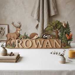 Personalized Woodland Animal Name Sign, Custom Forest Nursery Decor, Deer Fox Owl Wooden Plaque, Baby Boy Room Wall Art - thumbnail 2