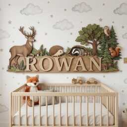 Personalized Woodland Animal Name Sign, Custom Forest Nursery Decor, Deer Fox Owl Wooden Plaque, Baby Boy Room Wall Art - thumbnail 1
